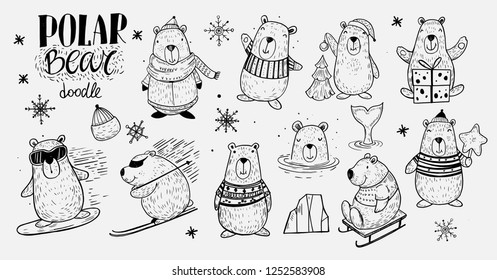Set of the Polar Bear in winter activity: snowboarding, skiing, sledding. Doodle style. Isolated vector