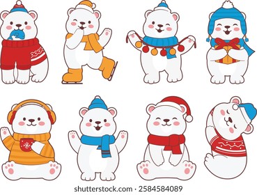 set of polar bears cartoon characters vector illustration 