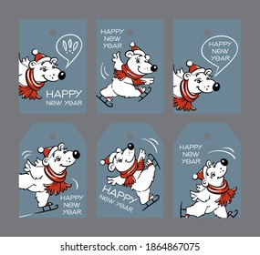 set polar bears-skaters on gray background:
six short rectangular and hexagonal tags 
with new year greetings, children`s, vector