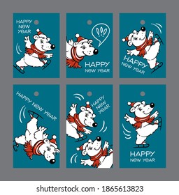 set polar bears-skaters on turquoise background:
six rectangular tags 
with new year greetings, children`s, vector