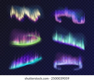 Conjunto de luz polar o efecto de brillo norte. Fenómeno de la naturaleza de la aurora boreal del Vector. Luminiscencia de la astronomía del norte. Astral y magnético, elemento mágico abstracto. Gráfico de galaxia y universo