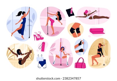 Set of pole dance elements. Pole dancers, accessories and outfits. Pole dancing, fitness and sport lifestyle collection. Vector illustration in cartoon style. Isolated white background