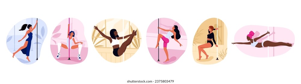 Set of pole dance performer at a studio. Beautiful young girls dancing on the pylon. Pole dancing, fitness and sport lifestyle collection. Vector illustration in cartoon style. Isolated background