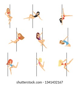 Set of pole dancers isolated on white background