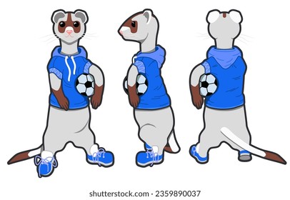 Set of polecat athlete badges with a ball in front of him. Mink mascot from all sides. Cartoon vector icon of mink from different angles for web design