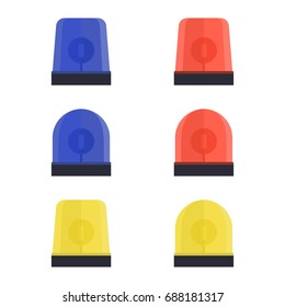 Set of police, ambulance and fire sirens with spinning beacon. Blue, red, yellow flashing emergency lights. Icons for alarm or emergency cases. Vector illustration