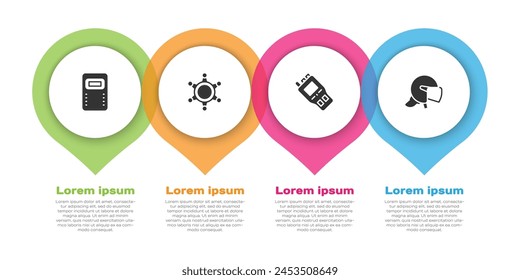 Set Police assault shield, Hexagram sheriff, Walkie talkie and helmet. Business infographic template. Vector