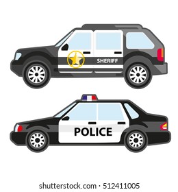 Conjunto de automóviles de la policía. Vehículo de patrulla urbana y auto del sheriff. Símbolo del servicio de seguridad, 911 o policía. Ilustración vectorial aislada en fondo blanco. Iconos planos para el diseño.