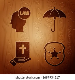 Set Police badge, Head with law, Oath on the Holy Bible and Umbrella on wooden background. Vector