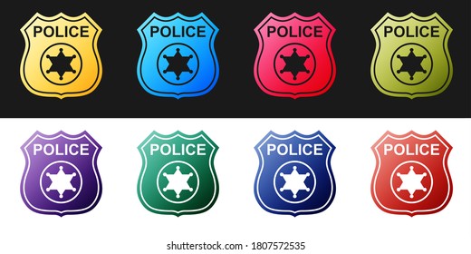 Set Police badge icon isolated on black and white background. Sheriff badge sign. Vector.