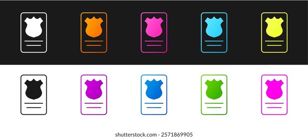 Set Police badge with id case icon isolated on black and white background.  Vector