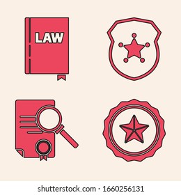 Set Police badge, Law book, Police badge and Document with search icon. Vector