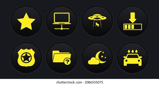Establece la insignia de la policía, carga, directorio desconocido, nube con luna y estrellas, OVNI secuestra a vaca e icono de la red informática. Vector