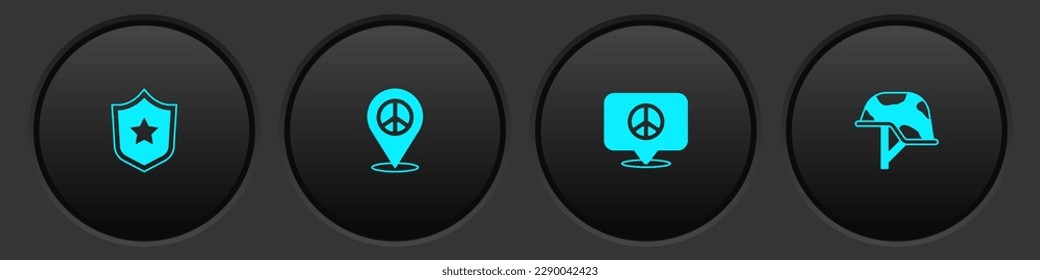 Set Police badge, Location peace,  and Military helmet icon. Vector