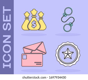 Set Police badge, Money bag, Envelope and Handcuffs icon. Vector