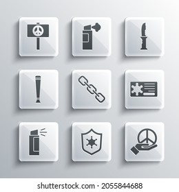Set Police badge, Peace, Chain link, Pepper spray, rubber baton,  and Military knife icon. Vector