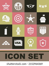 Set Police badge, Shield with stars, Cake, Star American military, shield, USA Independence day,  and Hexagram sheriff icon. Vector