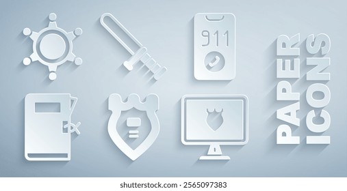 Set Police badge, Telephone call 911, station folder, database, rubber baton and Hexagram sheriff icon. Vector