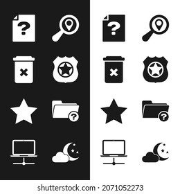 Set Police badge, Trash can, Unknown document, Search location, Star and directory icon. Vector