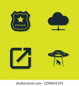 Set Police badge, UFO abducts cow, Open in new window and Network cloud connection icon. Vector