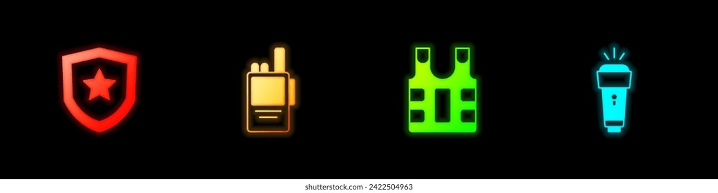 Set Police badge, Walkie talkie, Bulletproof vest and Flashlight icon. Vector