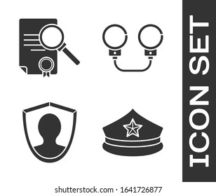 Set Police cap with cockade, Document with search, User protection and Handcuffs icon. Vector