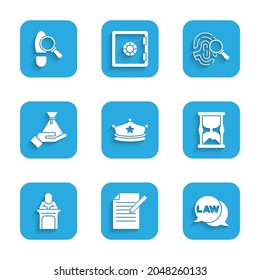 Set Police cap with cockade, Document and pen, Law, Old hourglass, Judge, Bribe money bag, Fingerprint and Footsteps icon. Vector