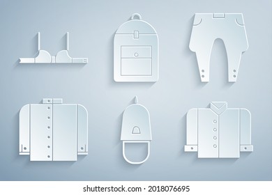 Set Police cap with cockade, Pants, T-shirt, Backpack and Bra icon. Vector