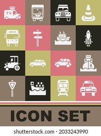 Set Police car and flasher, Cargo ship, Rocket with fire, Road traffic signpost, Bus, TV News and Cruise icon. Vector