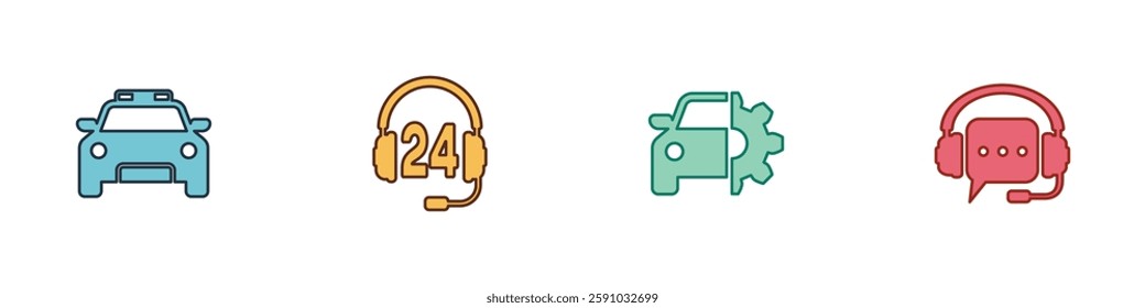 Set Police car and flasher, Headphone for support, Car service and Headphones with speech bubble icon. Vector