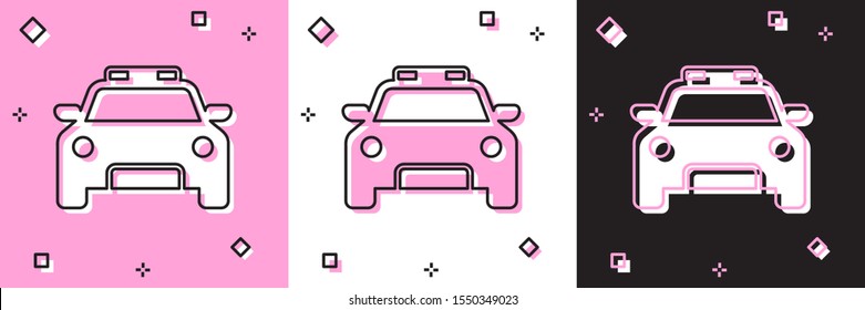 Set Police car and police flasher icon isolated on pink and white, black background. Emergency flashing siren.  Vector Illustration