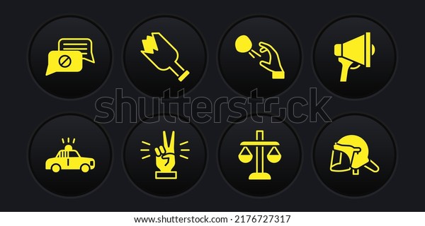 Set Police car and\
flasher, Megaphone, Hand showing two finger, Scales of justice,\
Hooligan shooting stones, Broken bottle weapon, helmet and Speech\
bubble chat icon. Vector