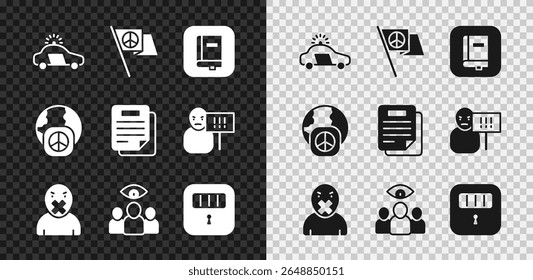 Set Police car and flasher, Peace, Law book, Censor freedom of speech, Spy, agent, Prison cell door, International day peace and Document icon. Vector