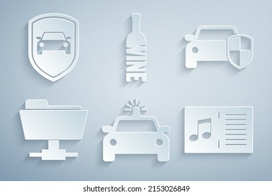 Set Police car and flasher, Car protection or insurance, FTP folder, Music book with note, Bottle of wine and  icon. Vector