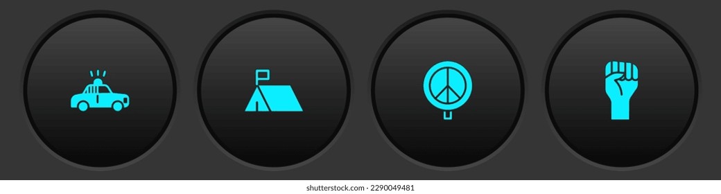 Set Police car and flasher, Protest camp, Peace and Raised hand with clenched fist icon. Vector