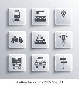 Set Police car and flasher, Road traffic signpost, Scooter, Cruise ship, Bus, Delivery truck, Train railway and  icon. Vector