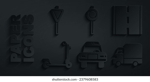 Set Police car and flasher, Road, Scooter, Delivery cargo truck, traffic signpost and  icon. Vector