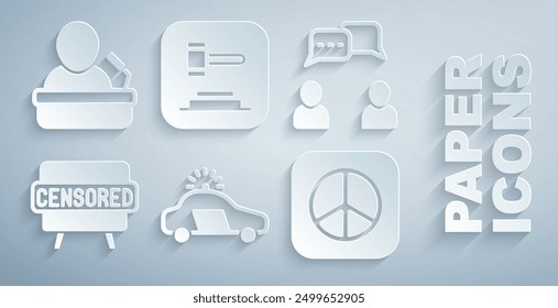 Set Police car and flasher, Speech bubble chat, Censored stamp, Peace, Judge gavel and Speaker icon. Vector