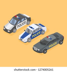 Set Police Car Isometric Illustration Vector Flat 3D