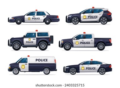 Set of police cars in different types. Patrol official vehicle collection. Side view car vector illustration