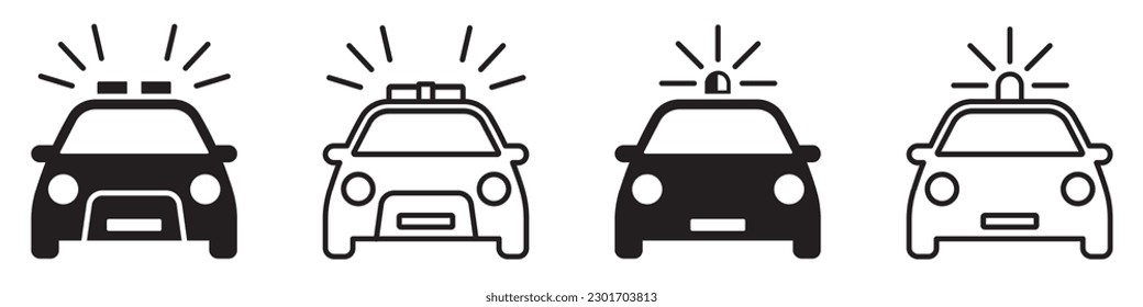 Set of police cars icons. Patrol car, siren light, sheriff car, emergency flashing siren, police. Vector illustration. svg