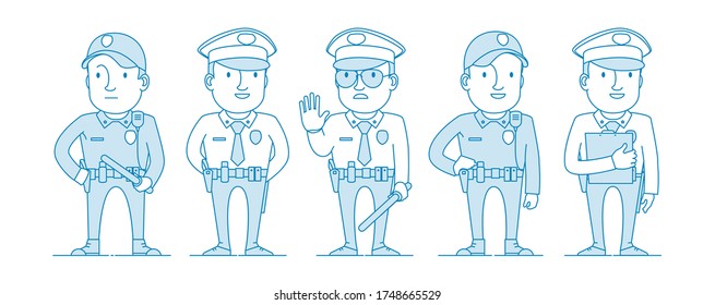 Set of police characters. Policeman with a club restricting movement or detention. Patrol officer with a protocol. Hand stand behind. Illustration in line art style. Vector