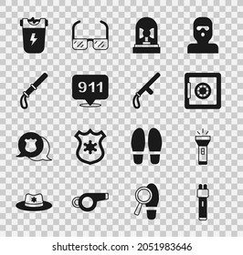 Set Police electric shocker, Flashlight, Safe, Flasher siren, Telephone call 911, rubber baton,  and  icon. Vector