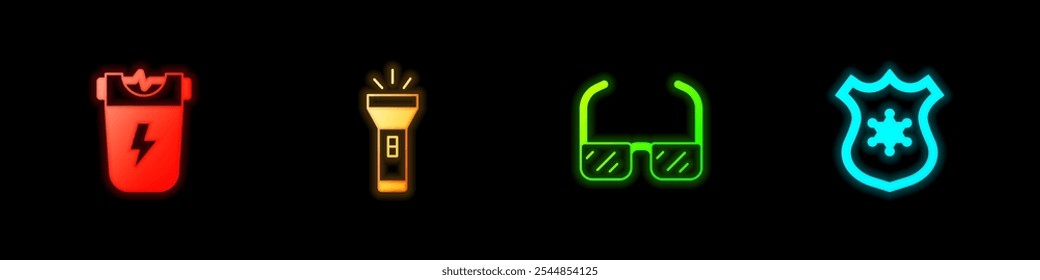 Set Police electric shocker, Flashlight, Safety goggle glasses and badge icon. Vector