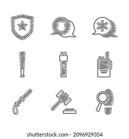 Set Police electric shocker, Judge gavel, Footsteps, Walkie talkie, rubber baton, Baseball, Hexagram sheriff and badge icon. Vector