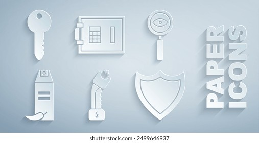 Set Police electric shocker, Magnifying glass Search, Pepper spray, Shield, Safe and Key icon. Vector