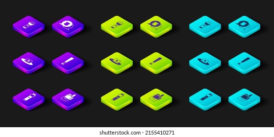 Set Police electric shocker, Walkie talkie, Sheriff hat with badge, Baseball bat,  and Flashlight icon. Vector