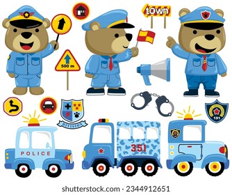 Set of police element cartoon with funny bear in traffic cop uniform