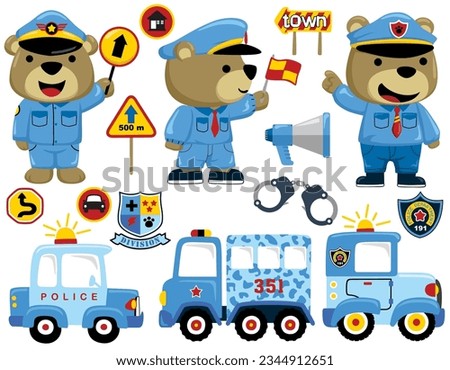 Set of police element cartoon with funny bear in traffic cop uniform