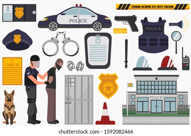 Set of police elements vector. Policeman, police car and other items illustration. 